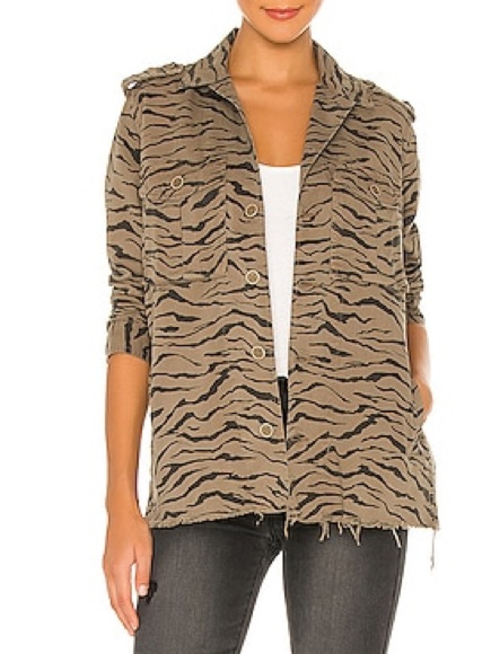 PISTOLA Camilla utility shirt jacket in olive taupe tiger print with frayed hem